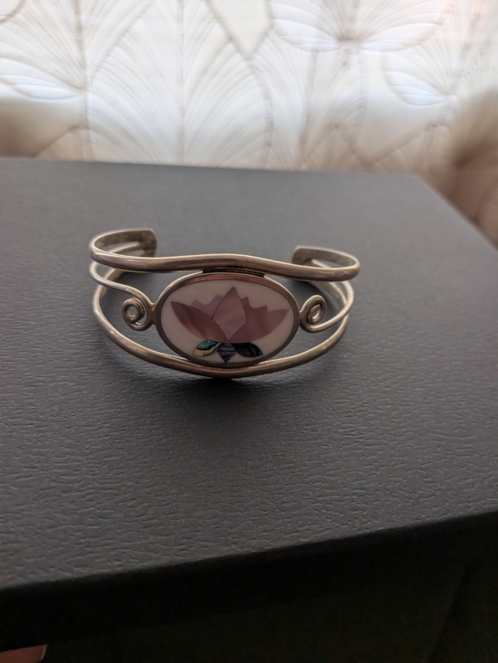 Vintage Mexican Alpaca Silver Inlay Lotus Cuff Bracelet